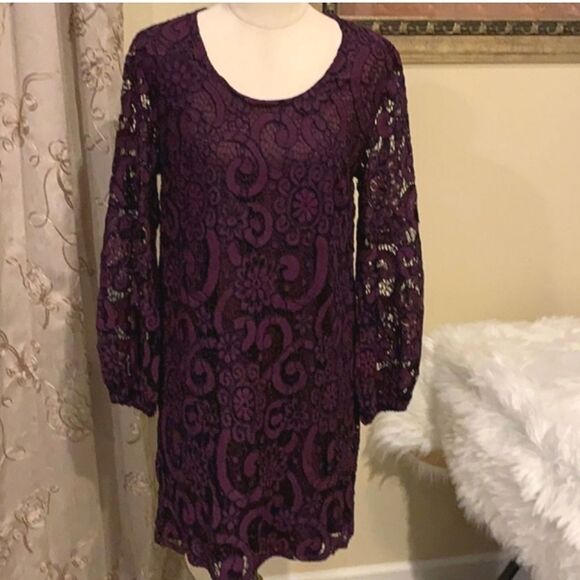 Anthropologie Sunday in Brooklyn Joy Purple with Black Lace Long Sleeve Dress XS - Picture 5 of 13